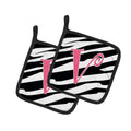 Letter V Initial  Zebra Stripe and Pink Pot Holder Set of 2 Heat Resistant Quilted Hot Pads 7.5 x 7.5 Inch, Insulated Kitchen Trivets for Cooking & Baking