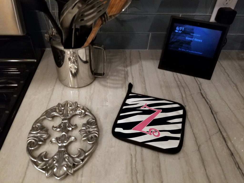 Letter Z Initial  Zebra Stripe and Pink Pot Holder Set of 2 Heat Resistant Quilted Hot Pads 7.5 x 7.5 Inch, Insulated Kitchen Trivets for Cooking & Baking