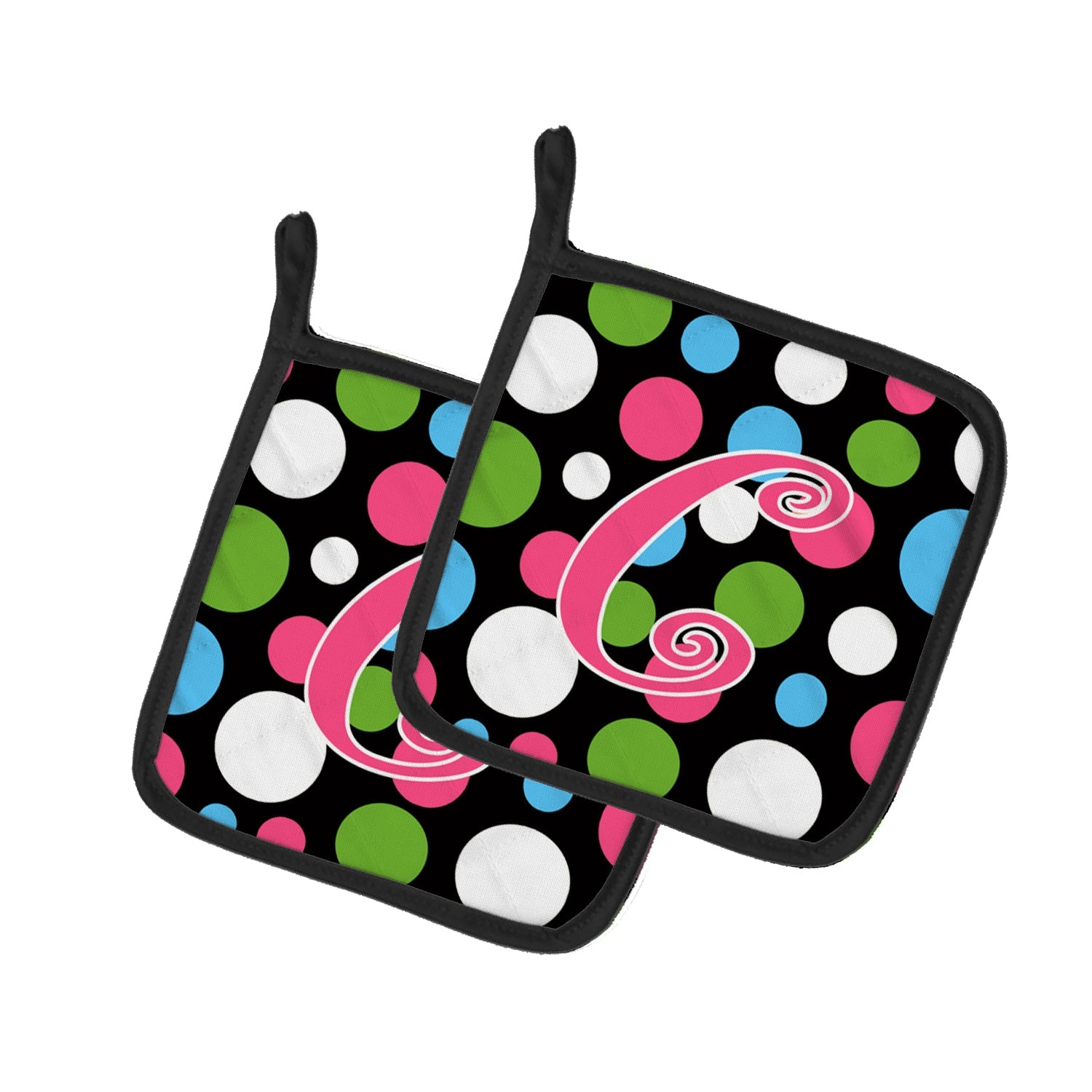 Letter C Initial Monogram - Polkadots and Pink Pot Holder Set of 2 Heat Resistant Quilted Hot Pads 7.5 x 7.5 Inch, Insulated Kitchen Trivets for Cooking & Baking