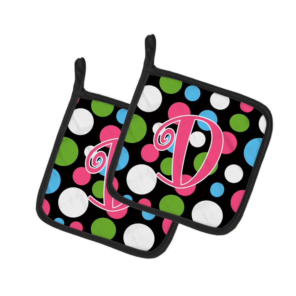 Letter D Initial Monogram - Polkadots and Pink Pot Holder Set of 2 Heat Resistant Quilted Hot Pads 7.5 x 7.5 Inch, Insulated Kitchen Trivets for Cooking & Baking
