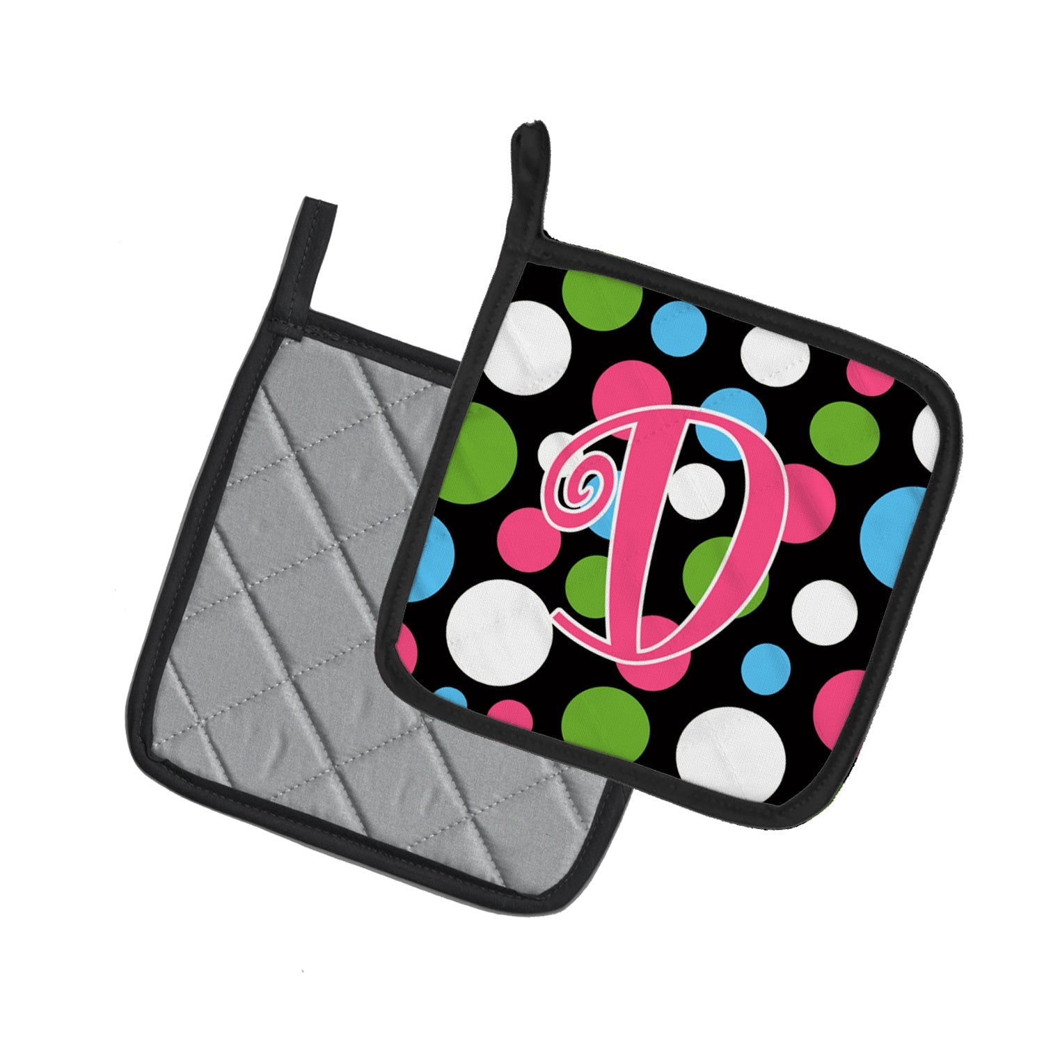 Letter D Initial Monogram - Polkadots and Pink Pot Holder Set of 2 Heat Resistant Quilted Hot Pads 7.5 x 7.5 Inch, Insulated Kitchen Trivets for Cooking & Baking
