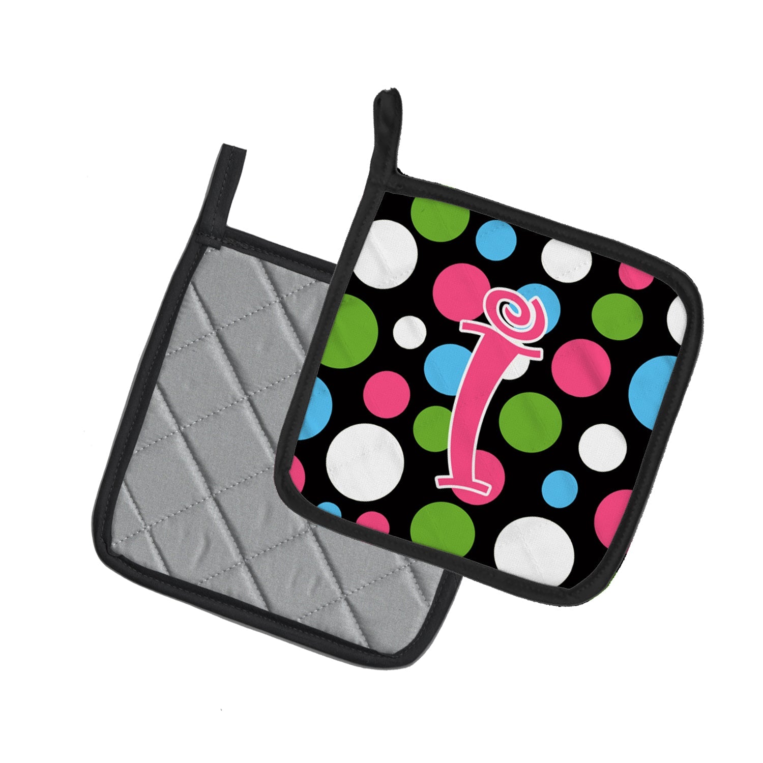 Letter I Initial Monogram - Polkadots and Pink Pot Holder Set of 2 Heat Resistant Quilted Hot Pads 7.5 x 7.5 Inch, Insulated Kitchen Trivets for Cooking & Baking