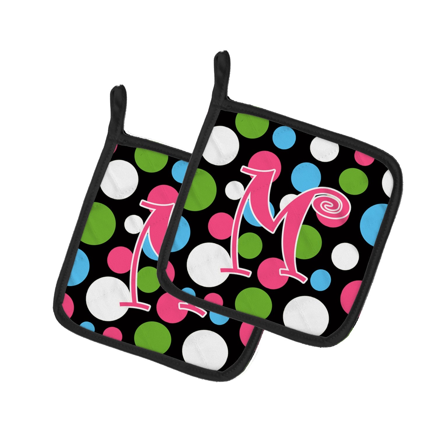 Letter M Initial Monogram - Polkadots and Pink Pot Holder Set of 2 Heat Resistant Quilted Hot Pads 7.5 x 7.5 Inch, Insulated Kitchen Trivets for Cooking & Baking