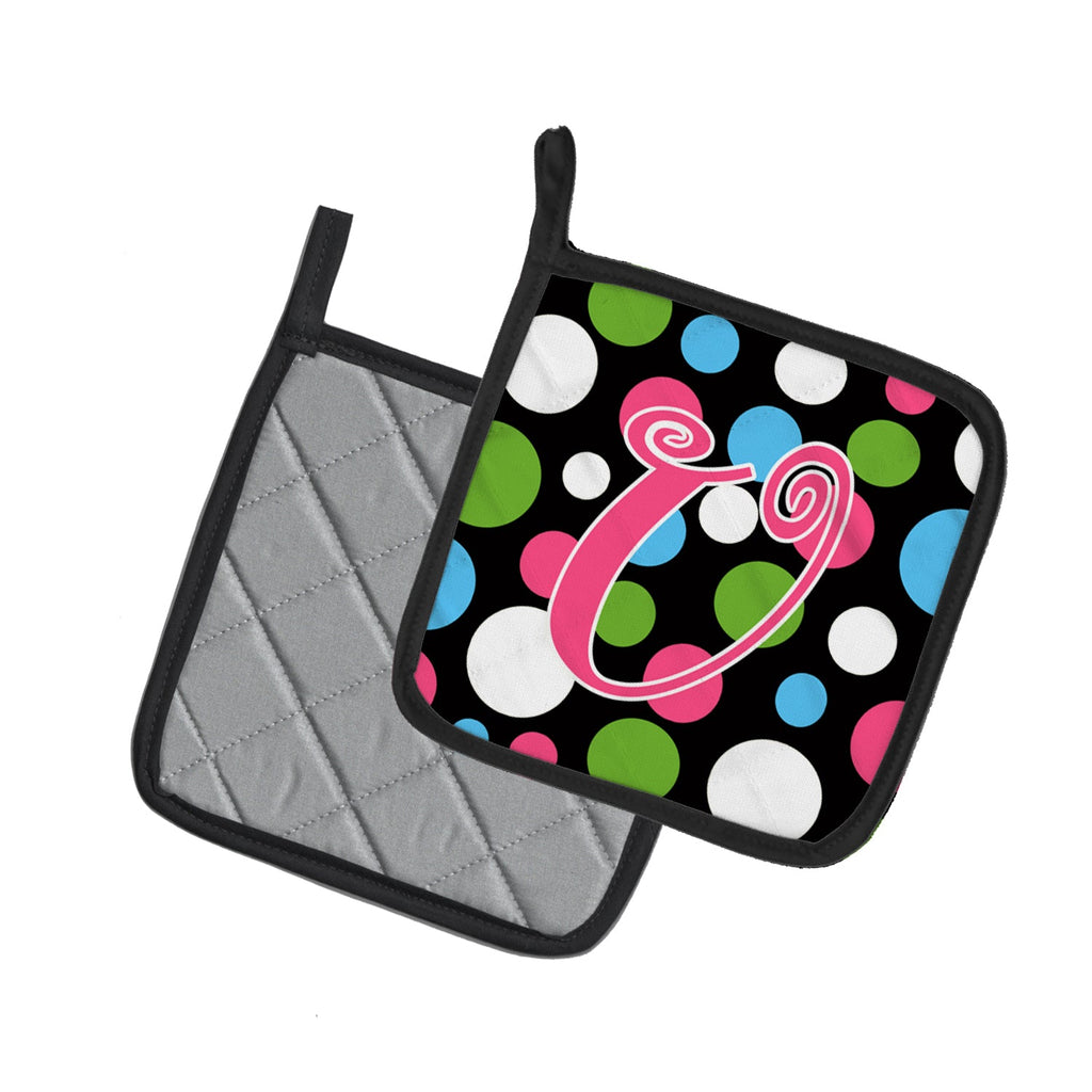 Letter U Initial Monogram - Polkadots and Pink Pot Holder Set of 2 Heat Resistant Quilted Hot Pads 7.5 x 7.5 Inch, Insulated Kitchen Trivets for Cooking & Baking