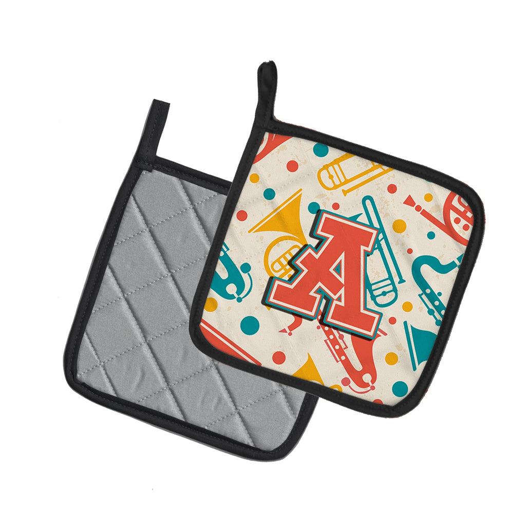 Letter A Retro Teal Orange Musical Instruments Initial Pot Holder Set of 2 Heat Resistant Quilted Hot Pads 7.5 x 7.5 Inch, Insulated Kitchen Trivets for Cooking & Baking