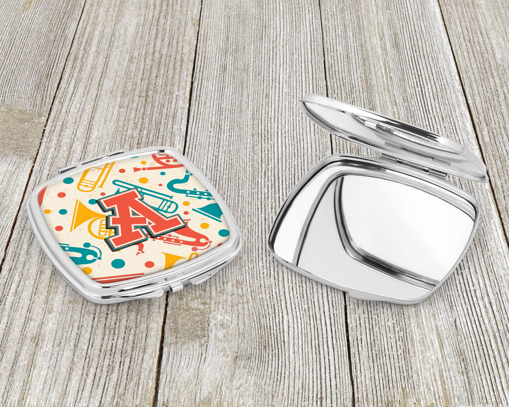 Letter A Retro Teal Orange Musical Instruments Initial Compact Mirror Decorative Travel Makeup Mirror for Women Girls Gifts Pocket Makeup Mirror Folding Handheld