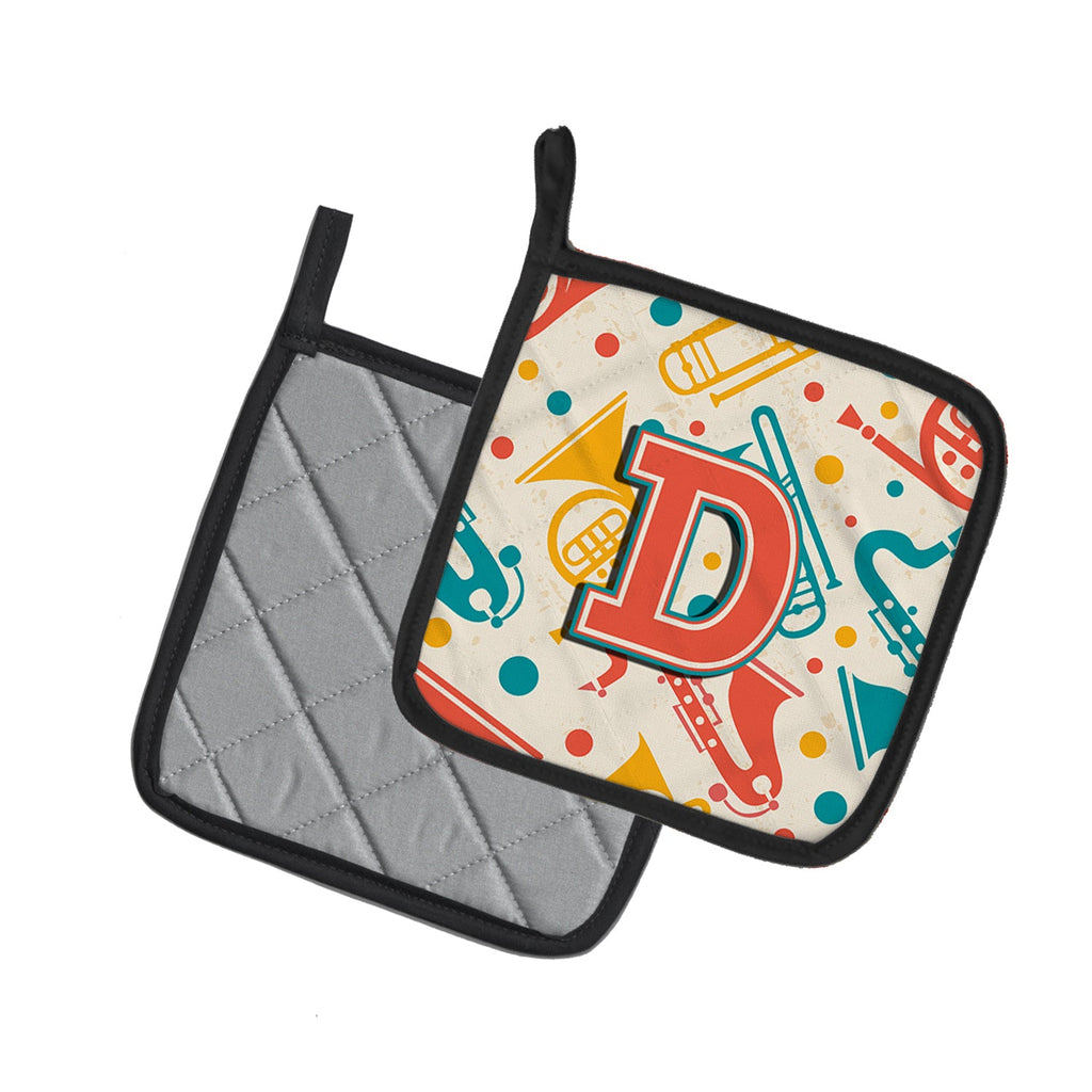 Letter D Retro Teal Orange Musical Instruments Initial Pot Holder Set of 2 Heat Resistant Quilted Hot Pads 7.5 x 7.5 Inch, Insulated Kitchen Trivets for Cooking & Baking
