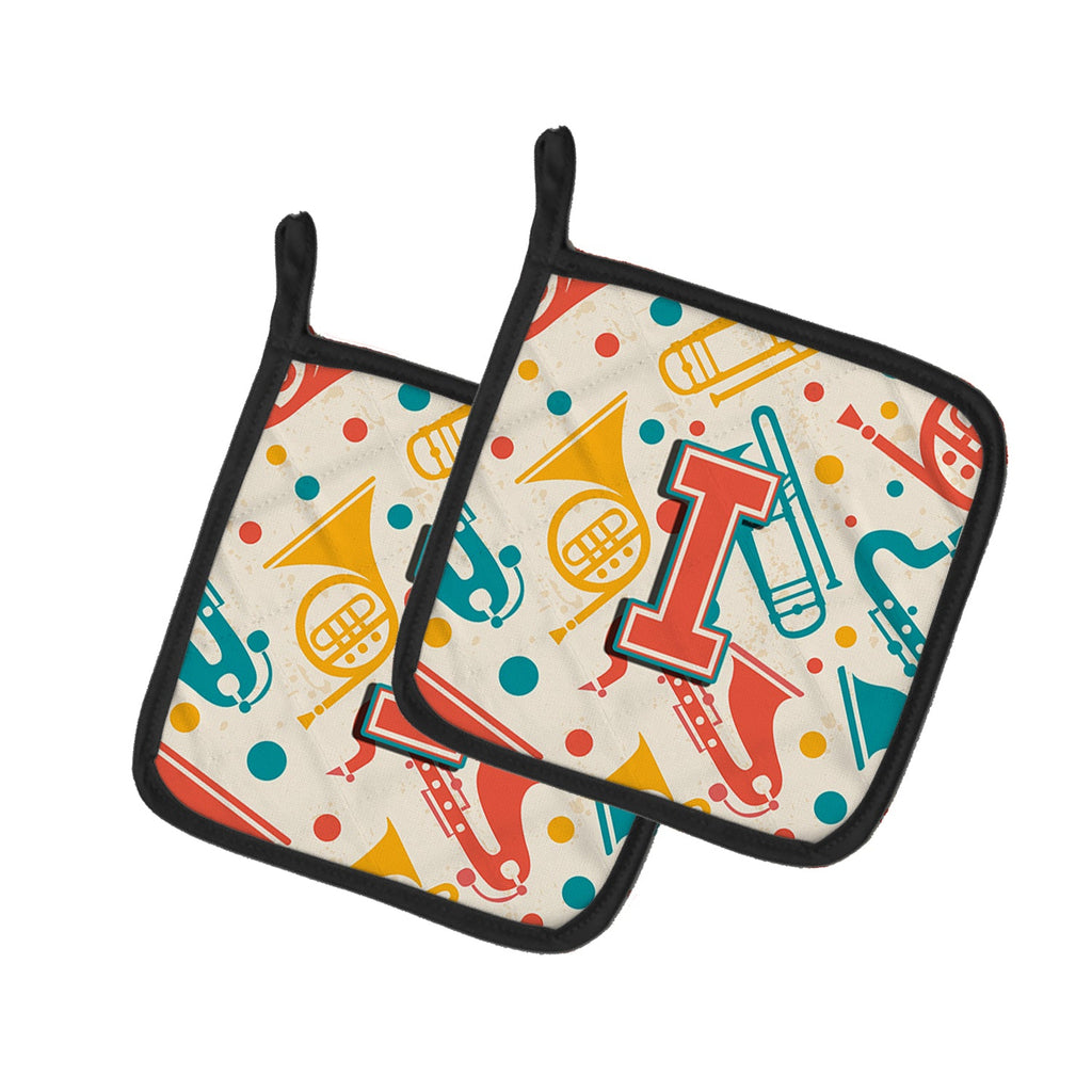Letter I Retro Teal Orange Musical Instruments Initial Pot Holder Set of 2 Heat Resistant Quilted Hot Pads 7.5 x 7.5 Inch, Insulated Kitchen Trivets for Cooking & Baking