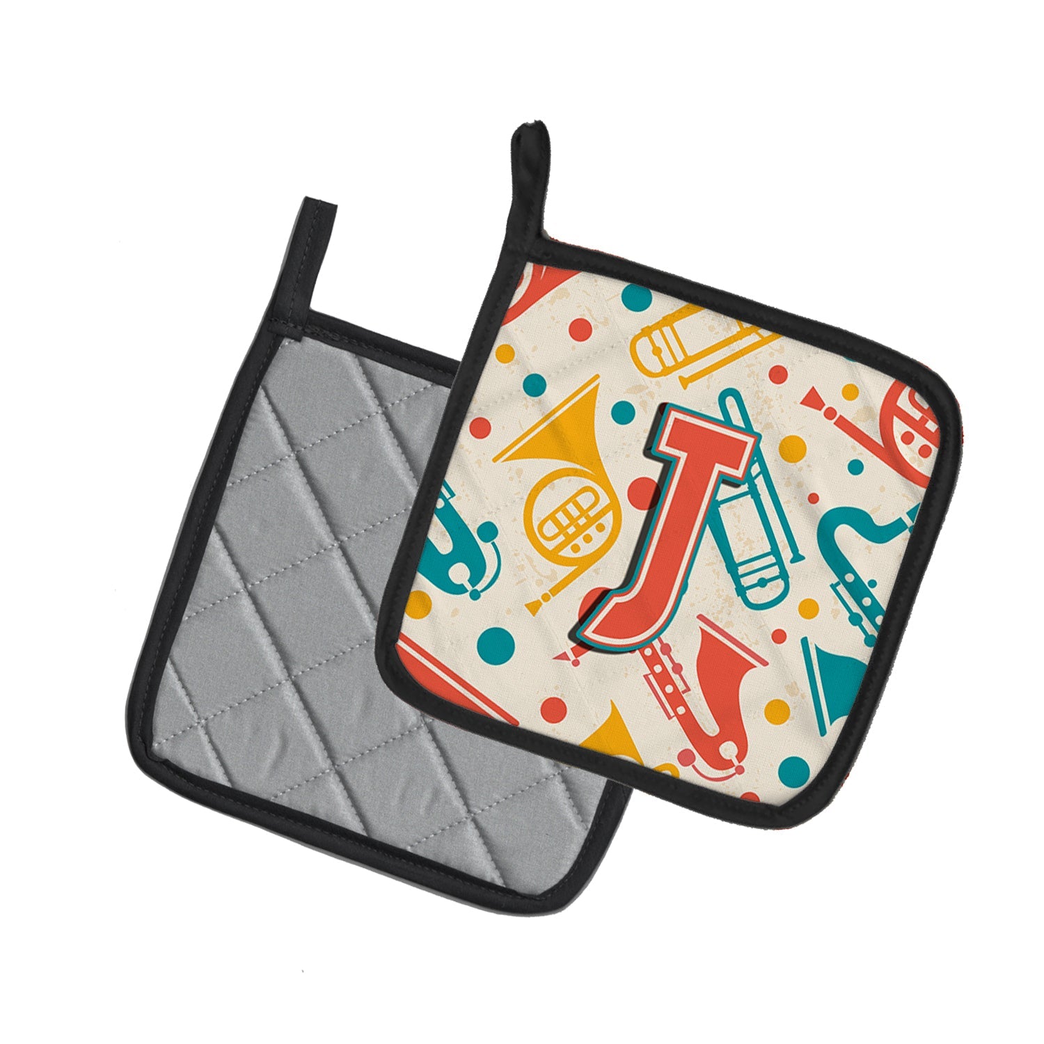 Letter J Retro Teal Orange Musical Instruments Initial Pot Holder Set of 2 Heat Resistant Quilted Hot Pads 7.5 x 7.5 Inch, Insulated Kitchen Trivets for Cooking & Baking