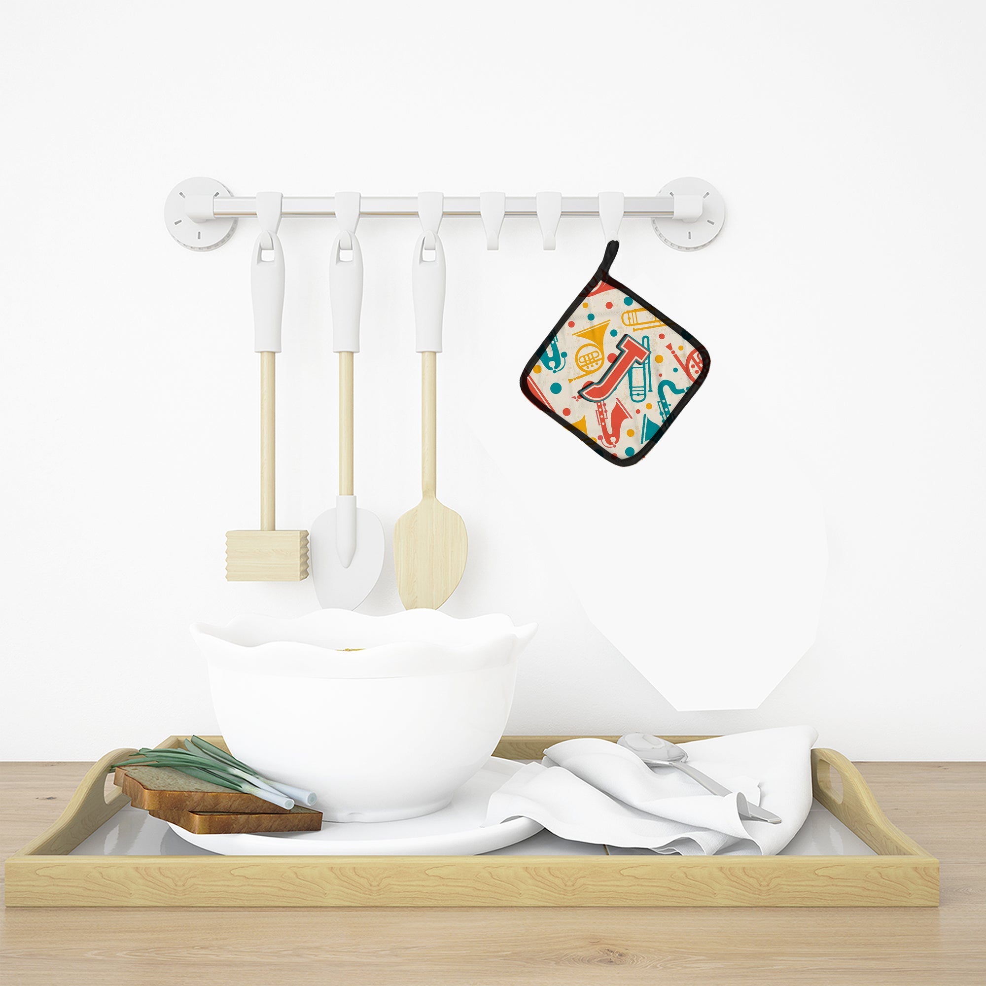 Letter J Retro Teal Orange Musical Instruments Initial Pot Holder Set of 2 Heat Resistant Quilted Hot Pads 7.5 x 7.5 Inch, Insulated Kitchen Trivets for Cooking & Baking