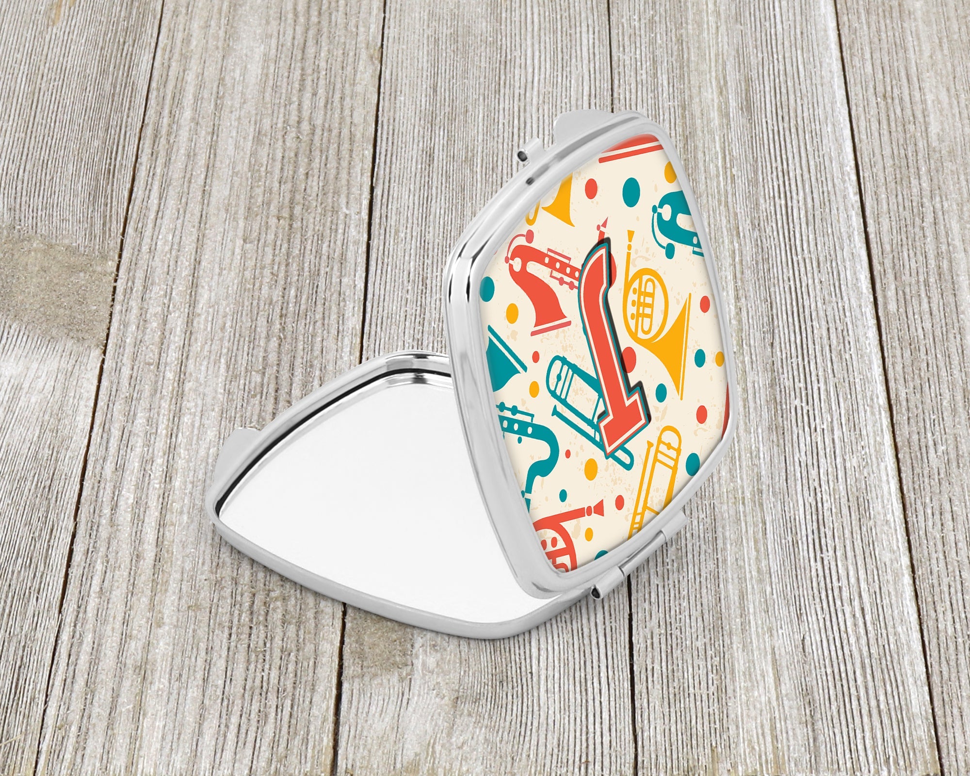 Letter J Retro Teal Orange Musical Instruments Initial Compact Mirror Decorative Travel Makeup Mirror for Women Girls Gifts Pocket Makeup Mirror Folding Handheld