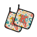Letter K Retro Teal Orange Musical Instruments Initial Pot Holder Set of 2 Heat Resistant Quilted Hot Pads 7.5 x 7.5 Inch, Insulated Kitchen Trivets for Cooking & Baking