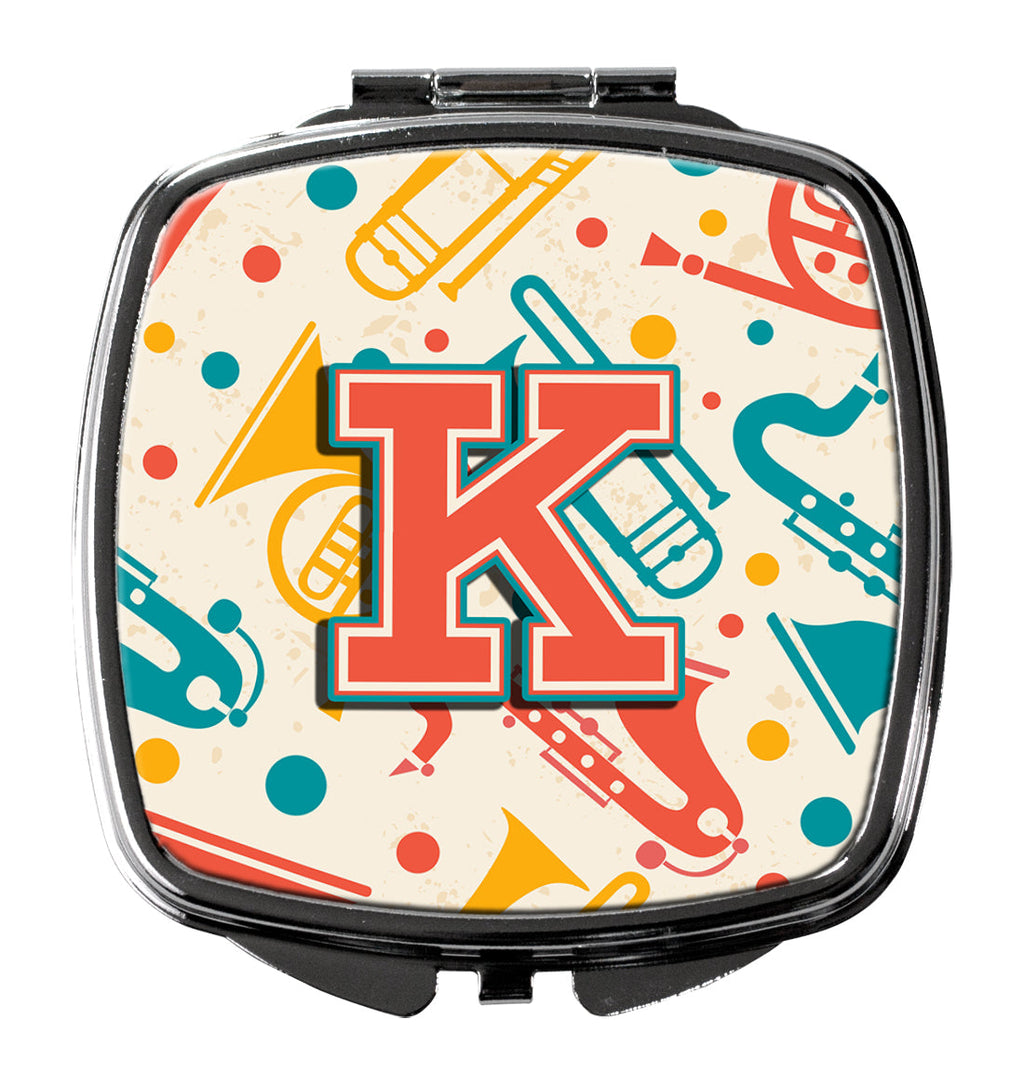 Letter K Retro Teal Orange Musical Instruments Initial Compact Mirror Decorative Travel Makeup Mirror for Women Girls Gifts Pocket Makeup Mirror Folding Handheld