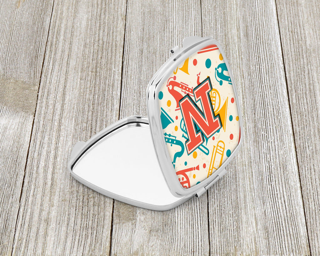 Letter N Retro Teal Orange Musical Instruments Initial Compact Mirror Decorative Travel Makeup Mirror for Women Girls Gifts Pocket Makeup Mirror Folding Handheld