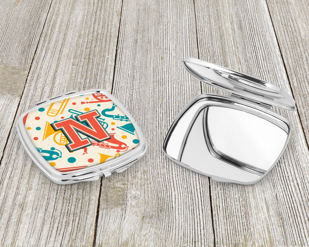 Letter N Retro Teal Orange Musical Instruments Initial Compact Mirror Decorative Travel Makeup Mirror for Women Girls Gifts Pocket Makeup Mirror Folding Handheld