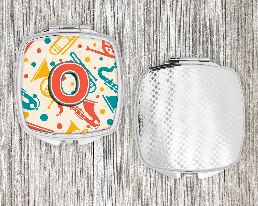 Letter O Retro Teal Orange Musical Instruments Initial Compact Mirror Decorative Travel Makeup Mirror for Women Girls Gifts Pocket Makeup Mirror Folding Handheld