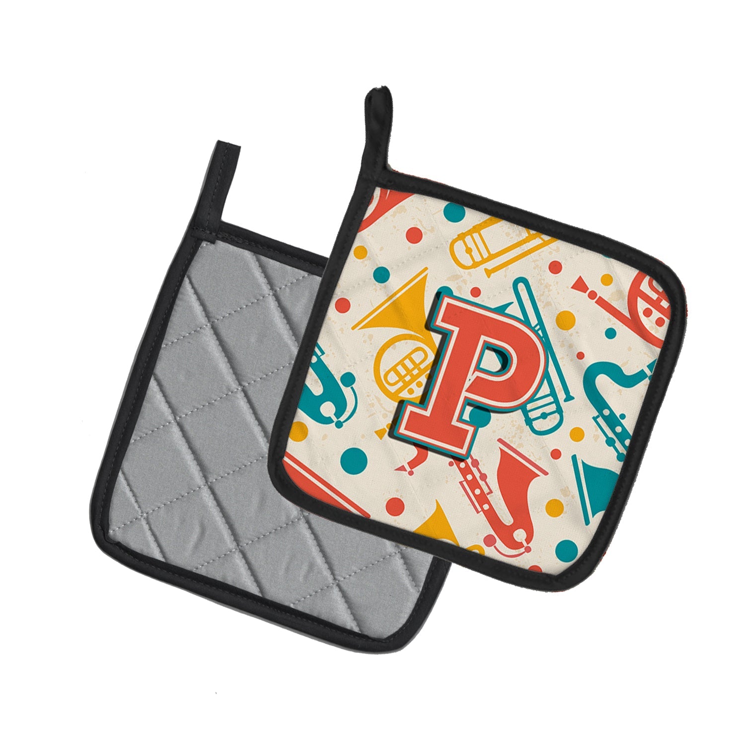 Letter P Retro Teal Orange Musical Instruments Initial Pot Holder Set of 2 Heat Resistant Quilted Hot Pads 7.5 x 7.5 Inch, Insulated Kitchen Trivets for Cooking & Baking