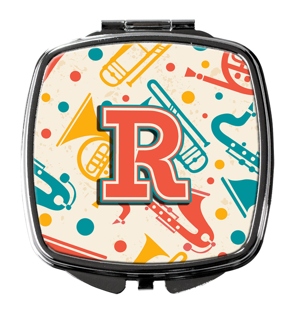 Letter R Retro Teal Orange Musical Instruments Initial Compact Mirror Decorative Travel Makeup Mirror for Women Girls Gifts Pocket Makeup Mirror Folding Handheld