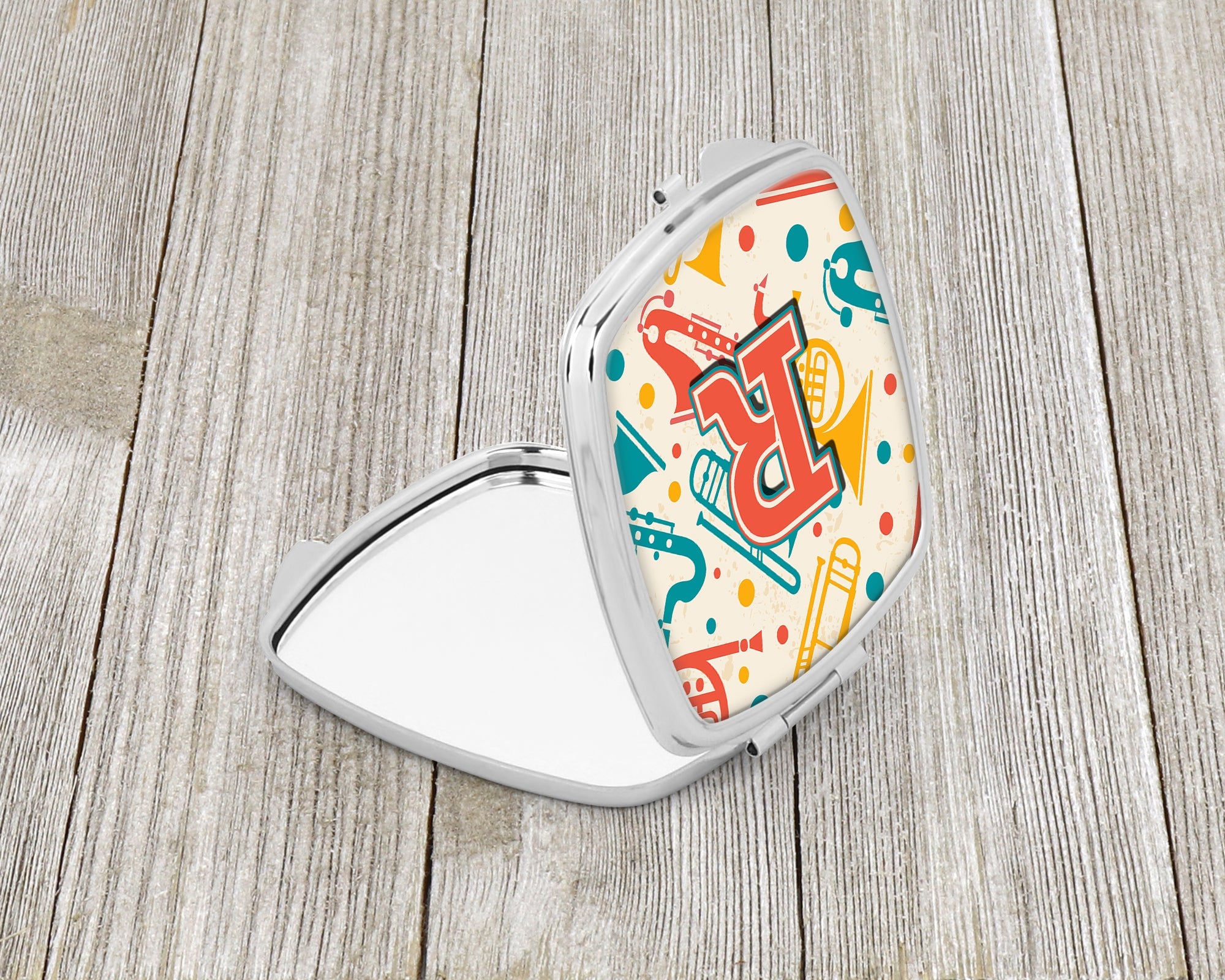 Letter R Retro Teal Orange Musical Instruments Initial Compact Mirror Decorative Travel Makeup Mirror for Women Girls Gifts Pocket Makeup Mirror Folding Handheld