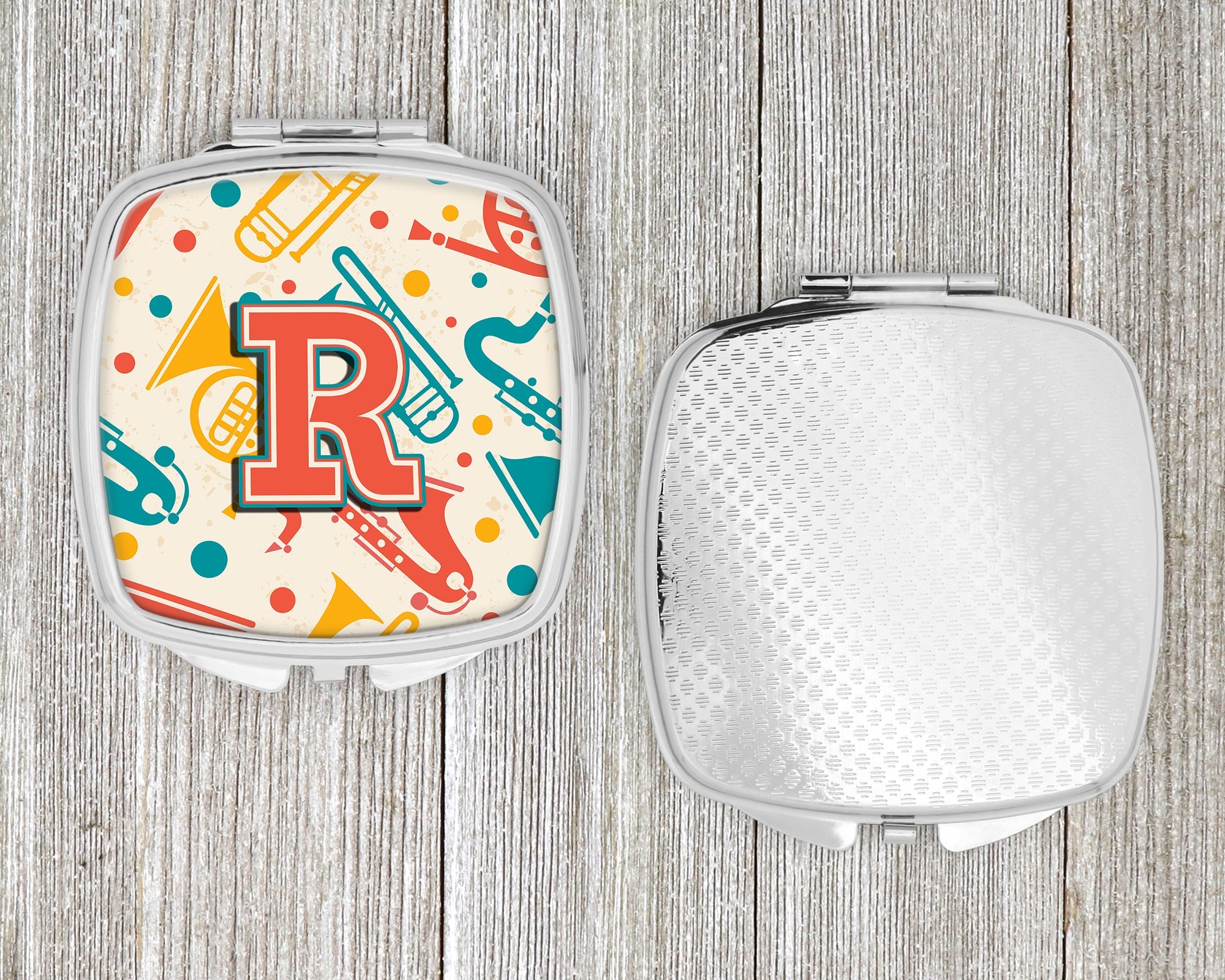 Letter R Retro Teal Orange Musical Instruments Initial Compact Mirror Decorative Travel Makeup Mirror for Women Girls Gifts Pocket Makeup Mirror Folding Handheld