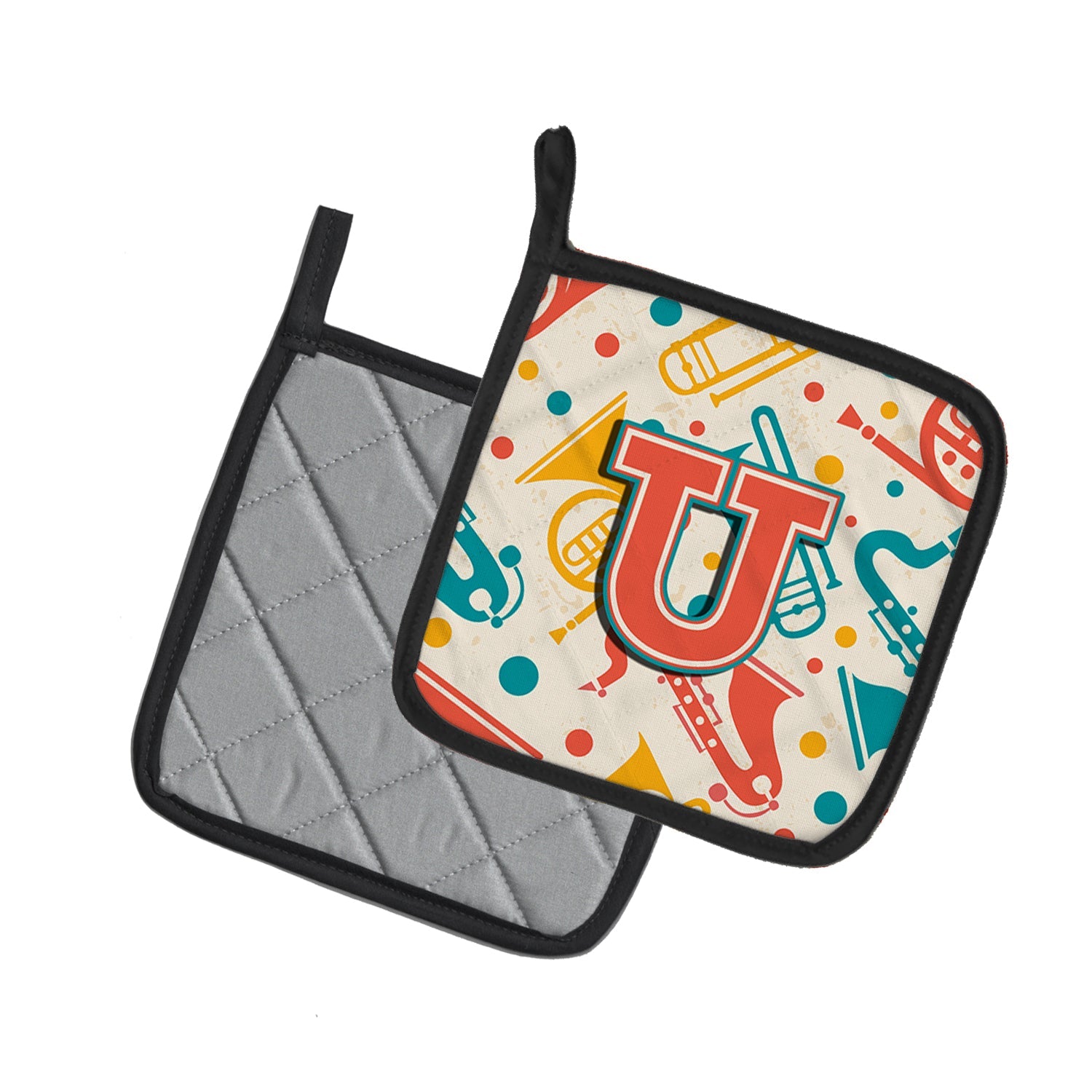 Letter U Retro Teal Orange Musical Instruments Initial Pot Holder Set of 2 Heat Resistant Quilted Hot Pads 7.5 x 7.5 Inch, Insulated Kitchen Trivets for Cooking & Baking