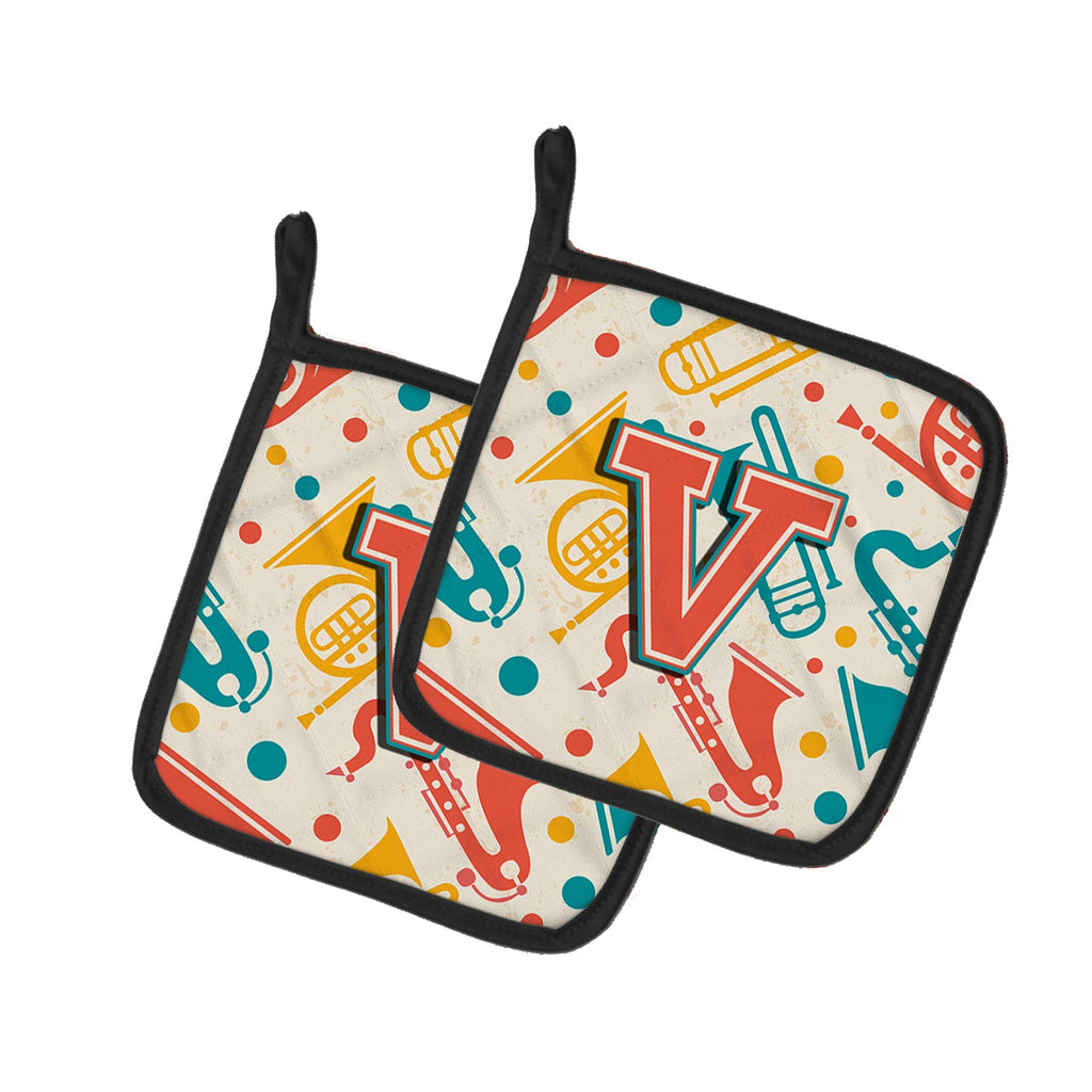 Letter V Retro Teal Orange Musical Instruments Initial Pot Holder Set of 2 Heat Resistant Quilted Hot Pads 7.5 x 7.5 Inch, Insulated Kitchen Trivets for Cooking & Baking
