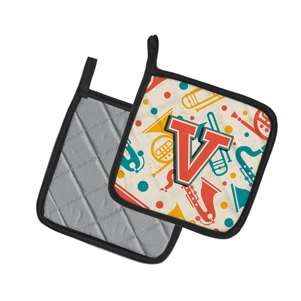 Letter V Retro Teal Orange Musical Instruments Initial Pot Holder Set of 2 Heat Resistant Quilted Hot Pads 7.5 x 7.5 Inch, Insulated Kitchen Trivets for Cooking & Baking