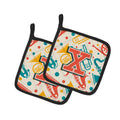 Letter X Retro Teal Orange Musical Instruments Initial Pot Holder Set of 2 Heat Resistant Quilted Hot Pads 7.5 x 7.5 Inch, Insulated Kitchen Trivets for Cooking & Baking