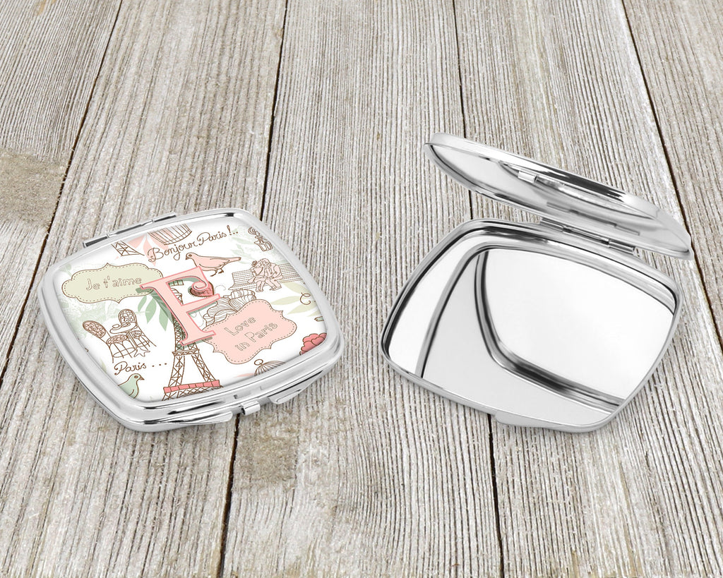 Letter F Love in Paris Pink Compact Mirror Decorative Travel Makeup Mirror for Women Girls Gifts Pocket Makeup Mirror Folding Handheld