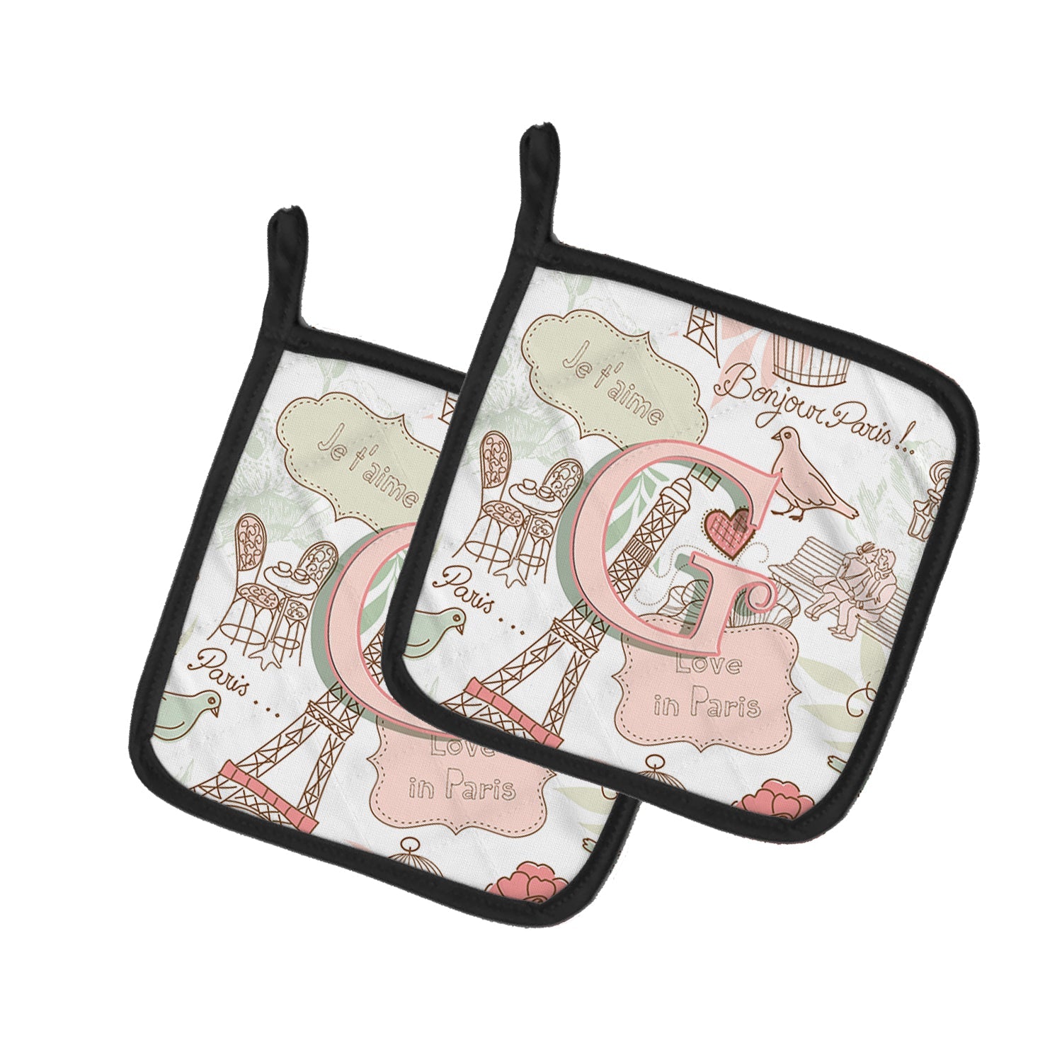 Letter G Love in Paris Pink Pot Holder Set of 2 Heat Resistant Quilted Hot Pads 7.5 x 7.5 Inch, Insulated Kitchen Trivets for Cooking & Baking