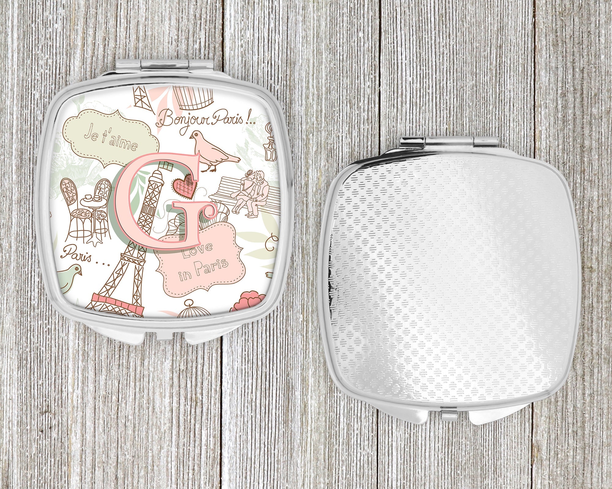Letter G Love in Paris Pink Compact Mirror Decorative Travel Makeup Mirror for Women Girls Gifts Pocket Makeup Mirror Folding Handheld