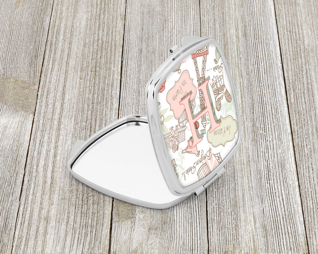 Letter H Love in Paris Pink Compact Mirror Decorative Travel Makeup Mirror for Women Girls Gifts Pocket Makeup Mirror Folding Handheld