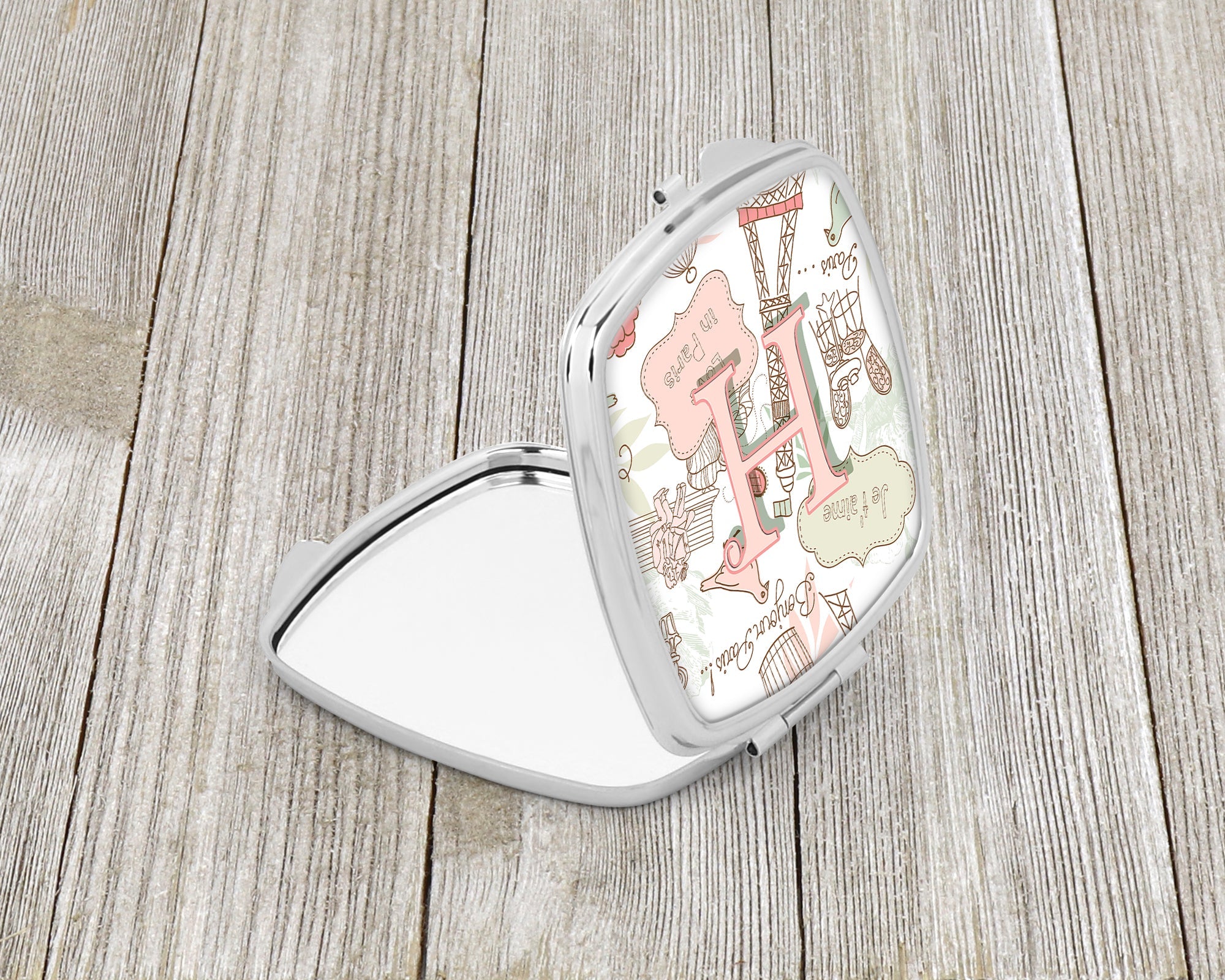 Letter H Love in Paris Pink Compact Mirror Decorative Travel Makeup Mirror for Women Girls Gifts Pocket Makeup Mirror Folding Handheld