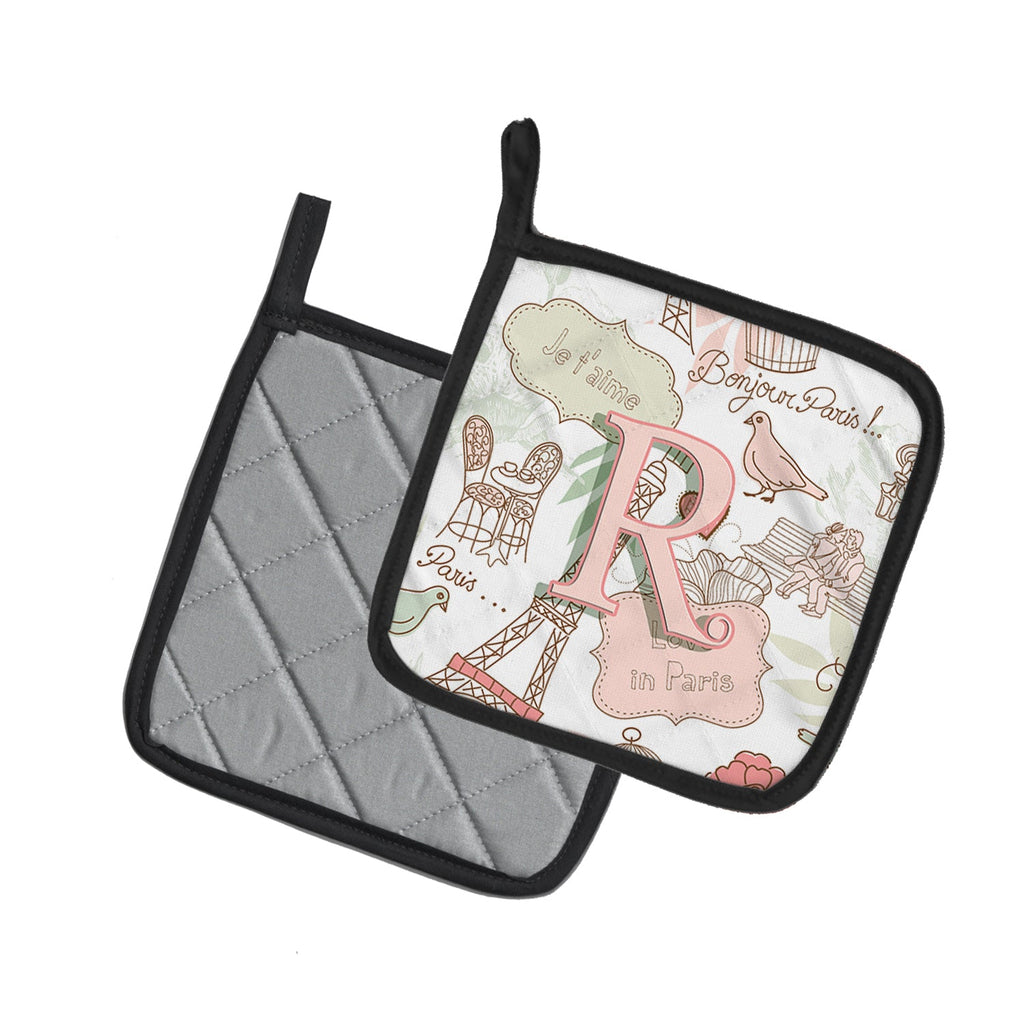Letter R Love in Paris Pink Pot Holder Set of 2 Heat Resistant Quilted Hot Pads 7.5 x 7.5 Inch, Insulated Kitchen Trivets for Cooking & Baking