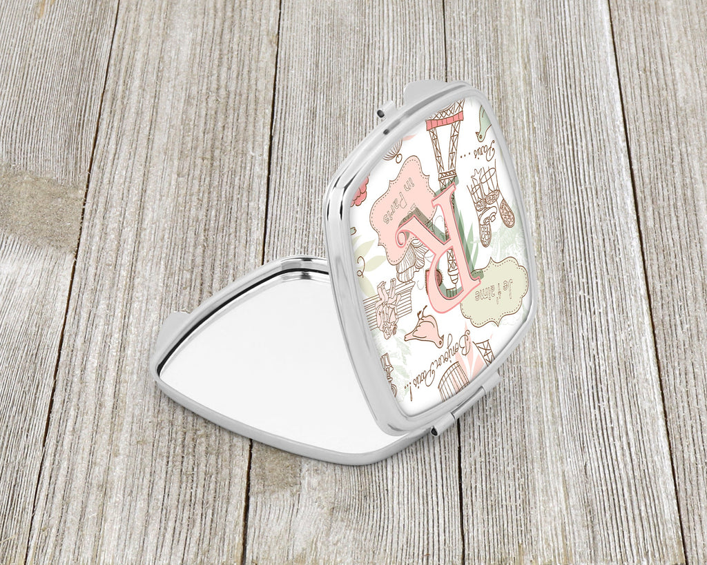 Letter R Love in Paris Pink Compact Mirror Decorative Travel Makeup Mirror for Women Girls Gifts Pocket Makeup Mirror Folding Handheld