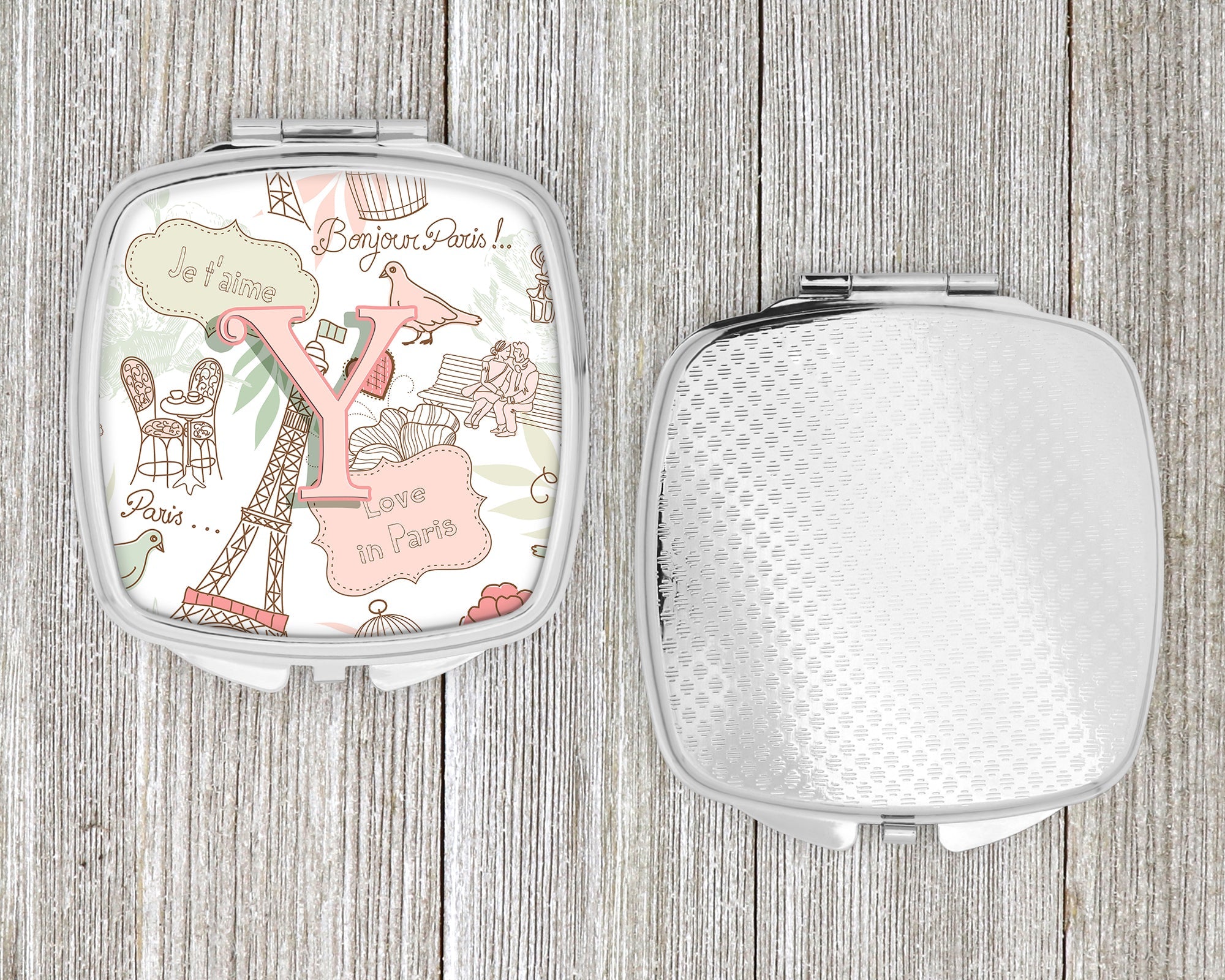 Letter Y Love in Paris Pink Compact Mirror Decorative Travel Makeup Mirror for Women Girls Gifts Pocket Makeup Mirror Folding Handheld