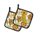 Letter A Floral Mustard and Green Pot Holder Set of 2 Heat Resistant Quilted Hot Pads 7.5 x 7.5 Inch, Insulated Kitchen Trivets for Cooking & Baking
