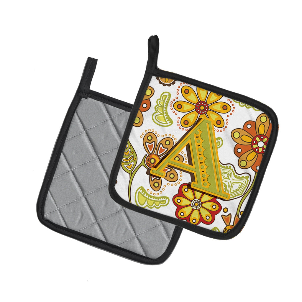 Letter A Floral Mustard and Green Pot Holder Set of 2 Heat Resistant Quilted Hot Pads 7.5 x 7.5 Inch, Insulated Kitchen Trivets for Cooking & Baking