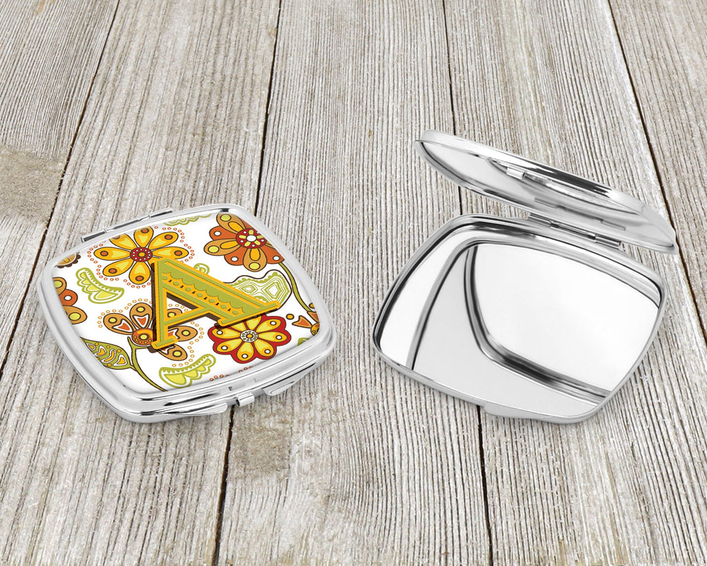Letter A Floral Mustard and Green Compact Mirror Decorative Travel Makeup Mirror for Women Girls Gifts Pocket Makeup Mirror Folding Handheld
