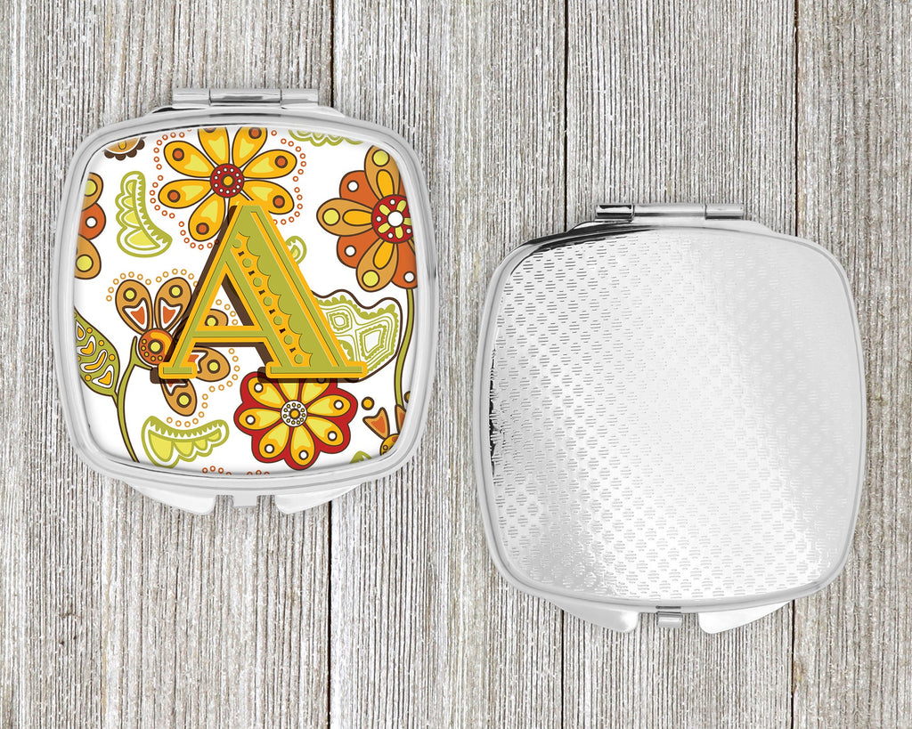 Letter A Floral Mustard and Green Compact Mirror Decorative Travel Makeup Mirror for Women Girls Gifts Pocket Makeup Mirror Folding Handheld