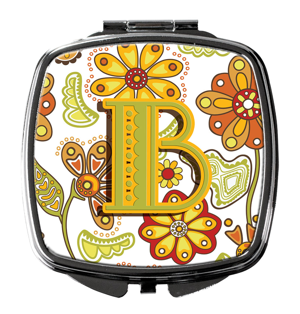 Letter B Floral Mustard and Green Compact Mirror Decorative Travel Makeup Mirror for Women Girls Gifts Pocket Makeup Mirror Folding Handheld