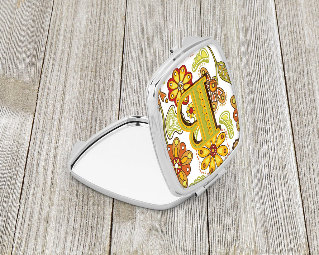 Letter B Floral Mustard and Green Compact Mirror Decorative Travel Makeup Mirror for Women Girls Gifts Pocket Makeup Mirror Folding Handheld