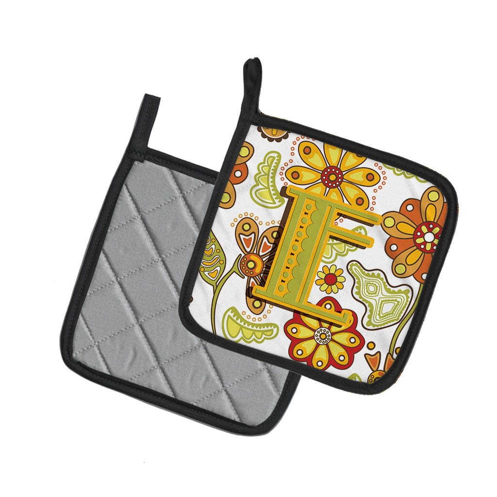 Letter E Floral Mustard and Green Pot Holder Set of 2 Heat Resistant Quilted Hot Pads 7.5 x 7.5 Inch, Insulated Kitchen Trivets for Cooking & Baking