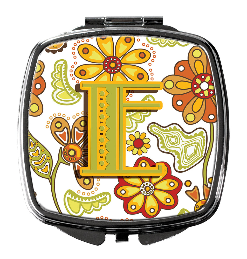 Letter E Floral Mustard and Green Compact Mirror Decorative Travel Makeup Mirror for Women Girls Gifts Pocket Makeup Mirror Folding Handheld
