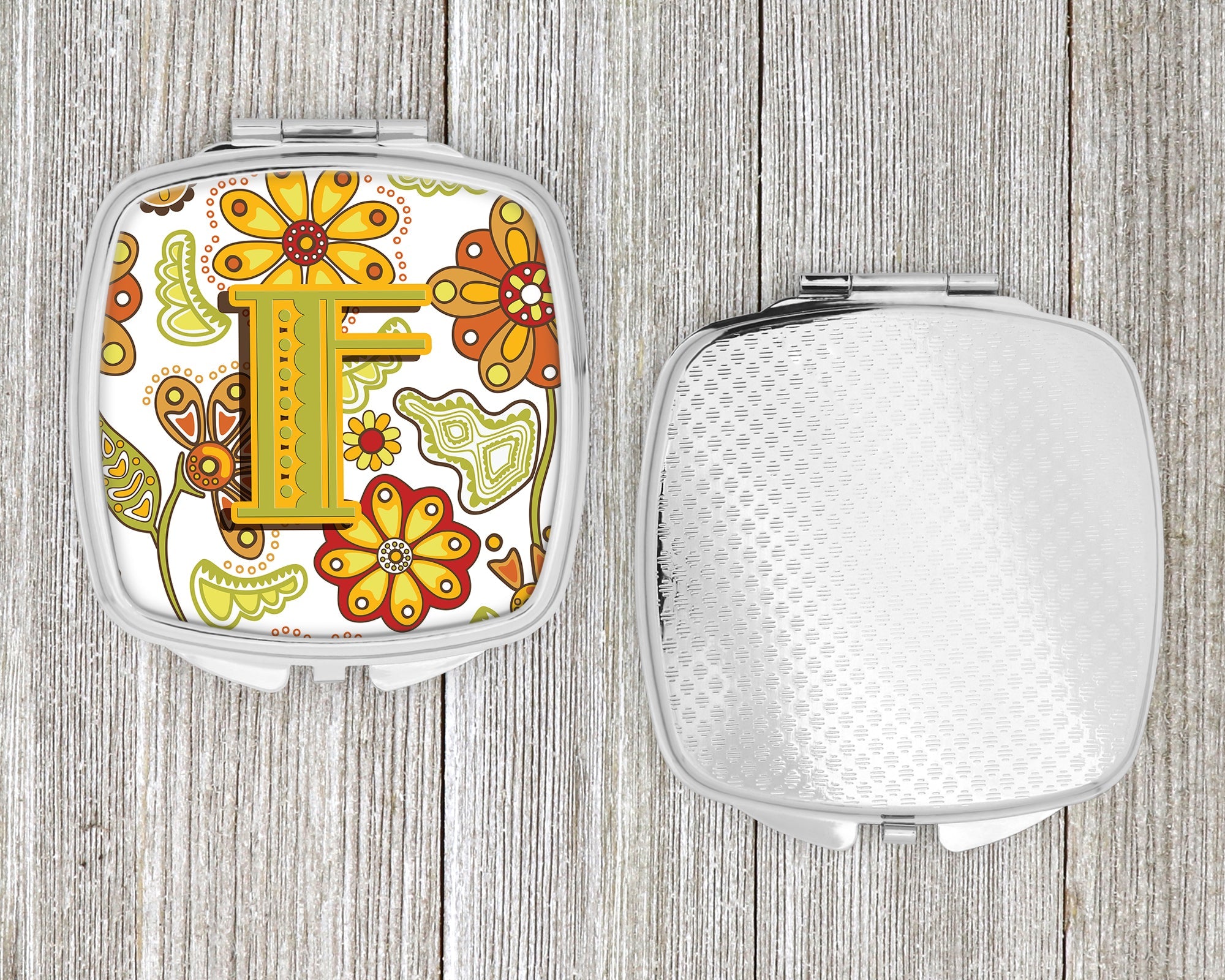 Letter F Floral Mustard and Green Compact Mirror Decorative Travel Makeup Mirror for Women Girls Gifts Pocket Makeup Mirror Folding Handheld