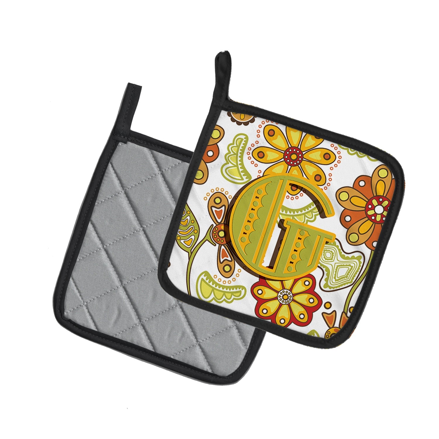 Letter G Floral Mustard and Green Pot Holder Set of 2 Heat Resistant Quilted Hot Pads 7.5 x 7.5 Inch, Insulated Kitchen Trivets for Cooking & Baking