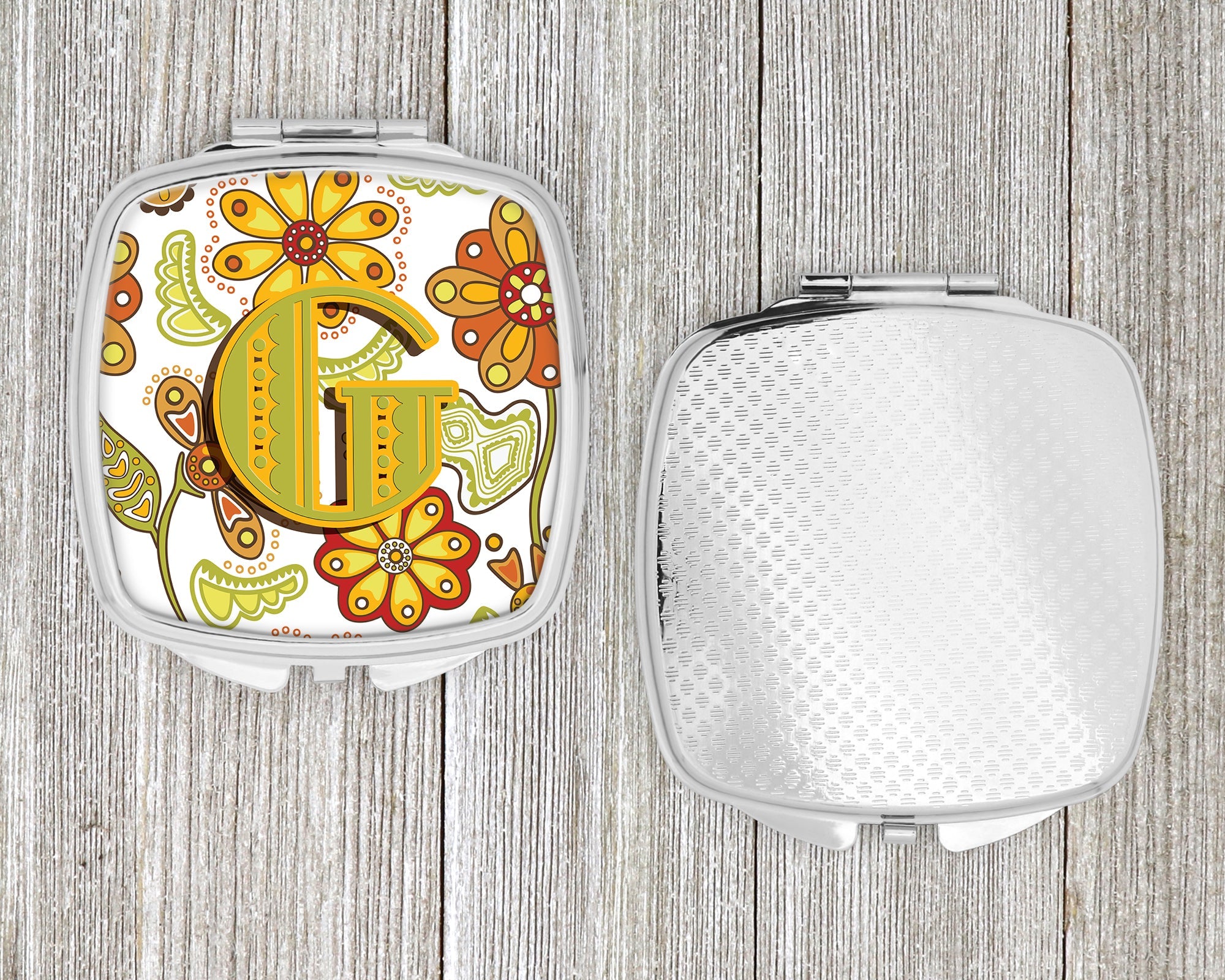Letter G Floral Mustard and Green Compact Mirror Decorative Travel Makeup Mirror for Women Girls Gifts Pocket Makeup Mirror Folding Handheld