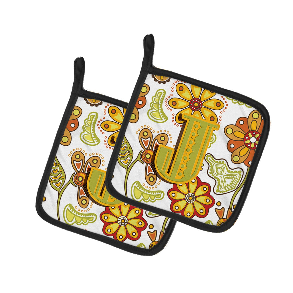 Letter J Floral Mustard and Green Pot Holder Set of 2 Heat Resistant Quilted Hot Pads 7.5 x 7.5 Inch, Insulated Kitchen Trivets for Cooking & Baking