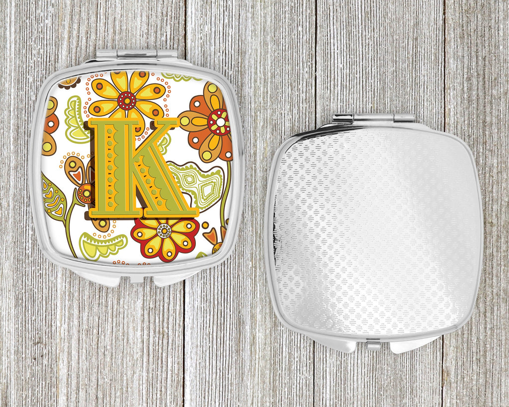 Letter K Floral Mustard and Green Compact Mirror Decorative Travel Makeup Mirror for Women Girls Gifts Pocket Makeup Mirror Folding Handheld