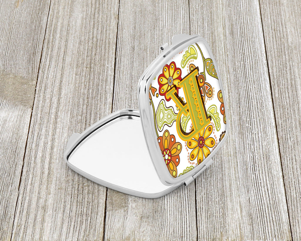 Letter R Floral Mustard and Green Compact Mirror Decorative Travel Makeup Mirror for Women Girls Gifts Pocket Makeup Mirror Folding Handheld